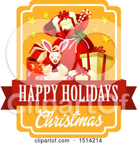 Clipart of a Christmas Happy Holidays Text Design with a Rabbit and Gifts - Royalty Free Vector Illustration by Vector Tradition SM