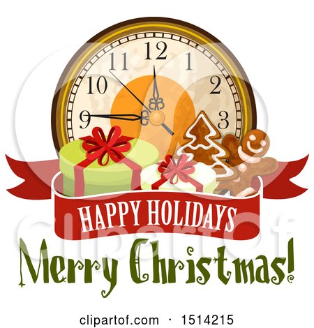 Clipart of a Clock with Gifts and Gingerbread Cookies over a Happy Holidays Merry Christmas Banner - Royalty Free Vector Illustration by Vector Tradition SM