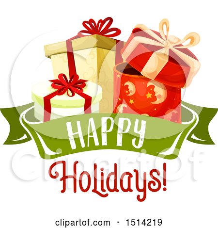 Clipart of a Happy Holidays Greeting and Christmas Presents - Royalty Free Vector Illustration by Vector Tradition SM