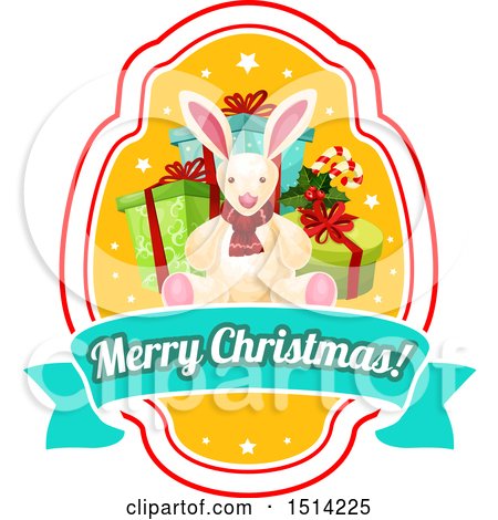 Clipart of a Merry Christmas Greeting with Presents and a Rabbit - Royalty Free Vector Illustration by Vector Tradition SM
