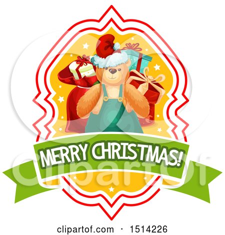 Clipart of a Merry Christmas Greeting with Presents and a Teddy Bear - Royalty Free Vector Illustration by Vector Tradition SM
