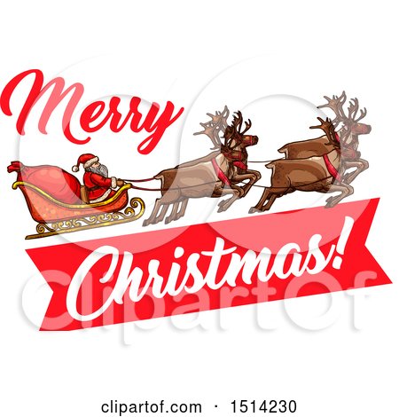 Clipart of a Santa Claus and Magic Reindeer with a Sleigh, with Merry Christmas Text - Royalty Free Vector Illustration by Vector Tradition SM