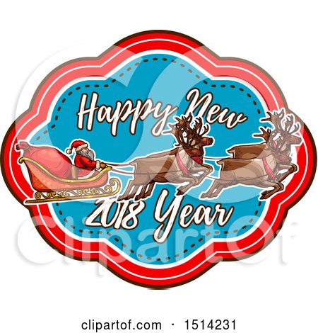 Clipart of a Santa Claus and Magic Reindeer with a Sleigh and Happy New Year 2018 Text - Royalty Free Vector Illustration by Vector Tradition SM