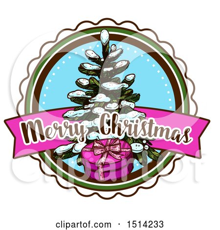 Clipart of a Merry Christmas Greeting with a Tree, Snow and a Gift - Royalty Free Vector Illustration by Vector Tradition SM