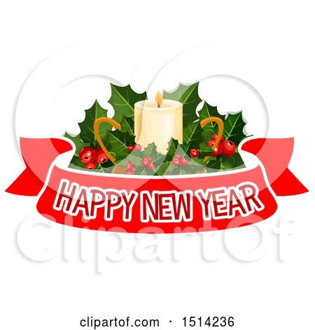Clipart of a Christmas Candle with Holly over a Happy New Year Banner - Royalty Free Vector Illustration by Vector Tradition SM