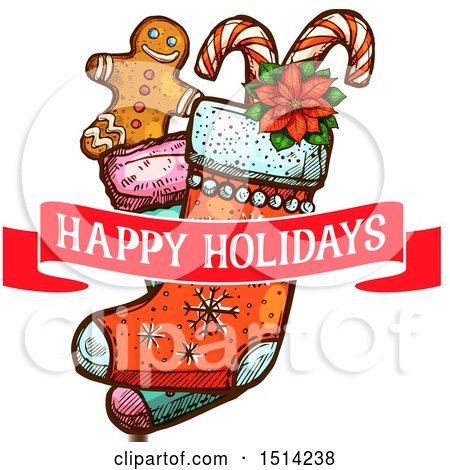Clipart of a Christmas Stocking with a Gingerbread Man, Poinsettia and Candy Canes and a Happy Holidays Banner - Royalty Free Vector Illustration by Vector Tradition SM