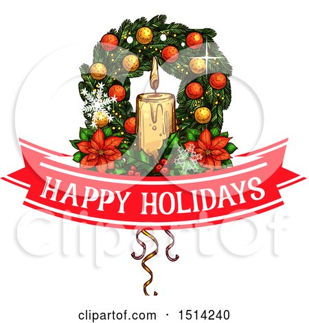 Clipart of a Christmas Wreath with Poinsettias and Candles over a Happy Holidays Banner - Royalty Free Vector Illustration by Vector Tradition SM