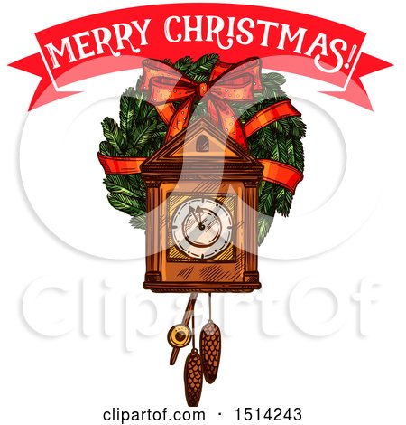Clipart of a Merry Christmas Banner over a Cukoo Clock and a Wreath - Royalty Free Vector Illustration by Vector Tradition SM