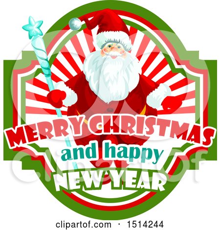 Clipart of a Santa Claus Holding a Staff, with Merry Christmas and Happy New Year Text - Royalty Free Vector Illustration by Vector Tradition SM