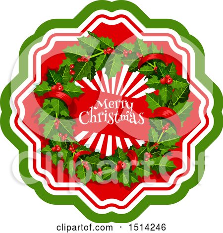 Clipart of a Merry Christmas Greeting and Holly Wreath - Royalty Free Vector Illustration by Vector Tradition SM
