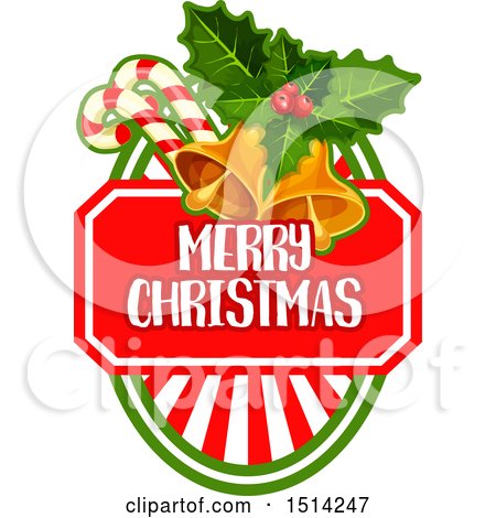 Clipart of Bells, Holly and Candy Canes over a Merry Christmas Shield - Royalty Free Vector Illustration by Vector Tradition SM