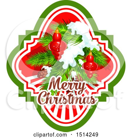 Clipart of a Merry Christmas Greeting with a Tree Branch, Pinecones, Snow and Baubles - Royalty Free Vector Illustration by Vector Tradition SM