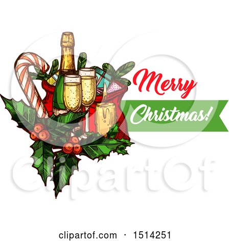 Clipart of a Merry Christmas Greeting with a Champagne Bottle and Glases with Gifts, Holly, a Candy Cane and Candle - Royalty Free Vector Illustration by Vector Tradition SM