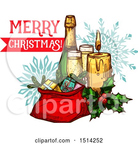 Clipart of a Merry Christmas Greeting with a Champagne Bottle with Glasses, a Candle, Holly and Sack of Gifts over Snowflakes - Royalty Free Vector Illustration by Vector Tradition SM