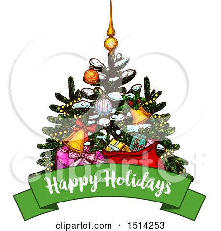 Clipart of a Christmas Tree with Gifts over a Happy Holidays Banner - Royalty Free Vector Illustration by Vector Tradition SM