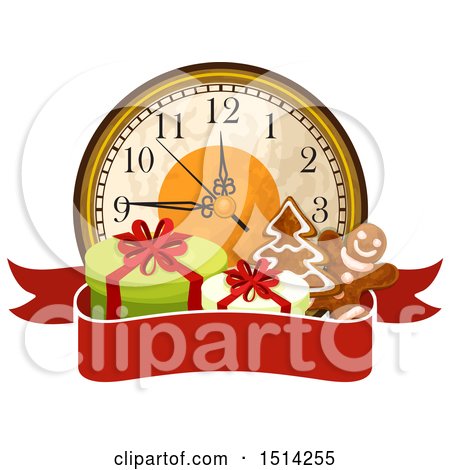 Clipart of a Clock with Gifts and Gingerbread Cookies over a Banner - Royalty Free Vector Illustration by Vector Tradition SM