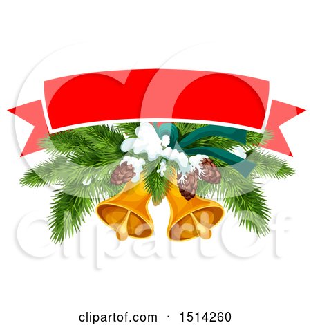 Clipart of a Banner over a Christmas Tree Branches, Pinecones and Bells - Royalty Free Vector Illustration by Vector Tradition SM