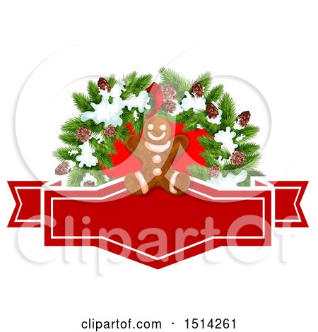 Clipart of a Gingerbread Man and Christmas Wreath over a Banner - Royalty Free Vector Illustration by Vector Tradition SM