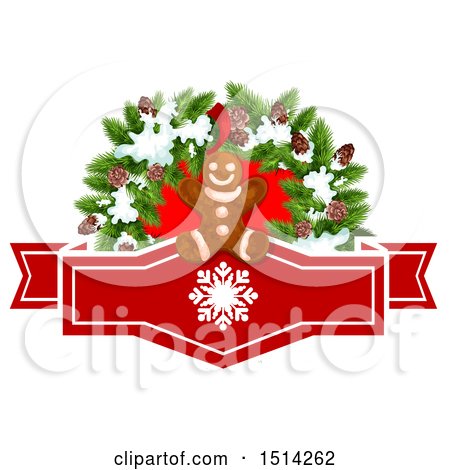 Clipart of a Gingerbread Man and Christmas Wreath over a Snowflake Banner - Royalty Free Vector Illustration by Vector Tradition SM