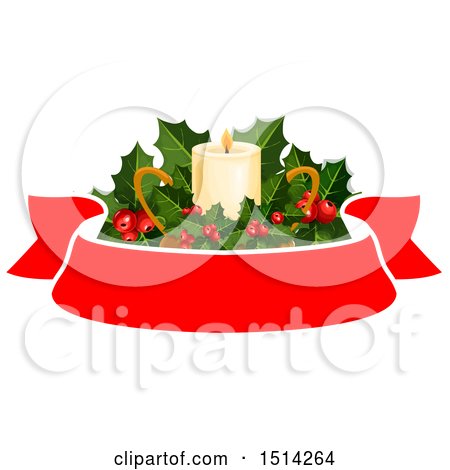 Clipart of a Christmas Candle with Holly over a Banner - Royalty Free Vector Illustration by Vector Tradition SM
