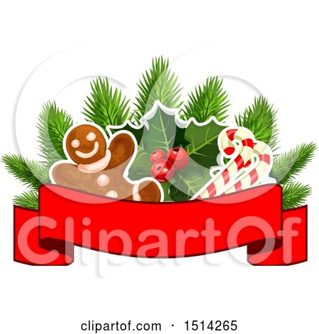 Clipart of a Gingerbread Man with Holly and Candy Canes over a Banner - Royalty Free Vector Illustration by Vector Tradition SM