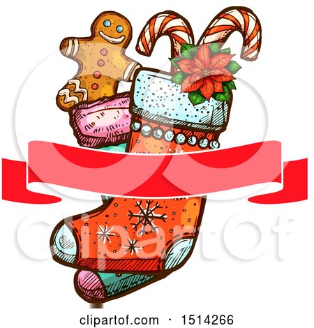 Clipart of a Christmas Stocking with a Gingerbread Man, Poinsettia and Candy Canes and a Banner - Royalty Free Vector Illustration by Vector Tradition SM