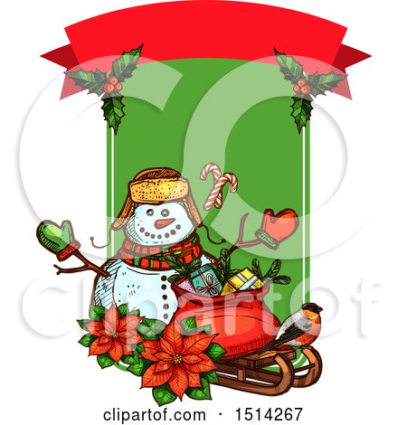 Clipart of a Christmas Snowman with Poinsettias, a Robin, and a Sack with Gifts on a Sleigh with Text Space - Royalty Free Vector Illustration by Vector Tradition SM