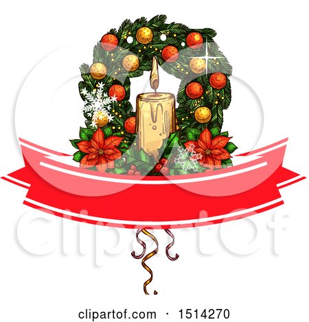 Clipart of a Christmas Wreath with Poinsettias and Candles over a Banner - Royalty Free Vector Illustration by Vector Tradition SM