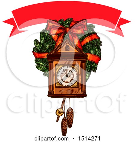 Clipart of a Banner over a Christmas Cukoo Clock over a Wreath - Royalty Free Vector Illustration by Vector Tradition SM