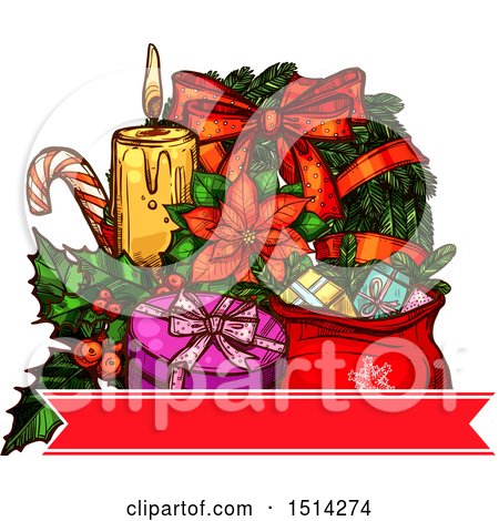 Clipart of a Christmas Wreath, Poinsettia, Candy Cane, Candle and Gifts over a Banner - Royalty Free Vector Illustration by Vector Tradition SM