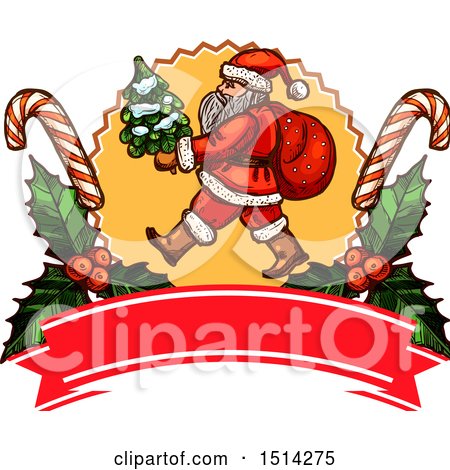 Clipart of a Santa Claus Carrying a Tree in a Holly and Candy Cane Frame Above a Banner - Royalty Free Vector Illustration by Vector Tradition SM