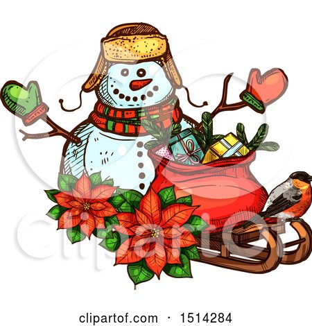 Clipart of a Christmas Snowman with Poinsettias, a Robin, and a Sack with Gifts on a Sleigh - Royalty Free Vector Illustration by Vector Tradition SM