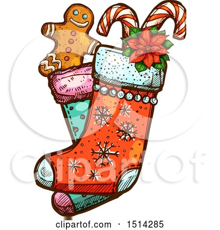 Clipart of a Christmas Stocking with a Gingerbread Man, Poinsettia and Candy Canes - Royalty Free Vector Illustration by Vector Tradition SM
