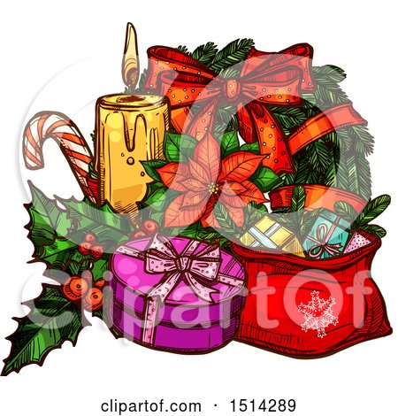Clipart of a Christmas Wreath, Poinsettia, Candy Cane, Candle and Gifts - Royalty Free Vector Illustration by Vector Tradition SM