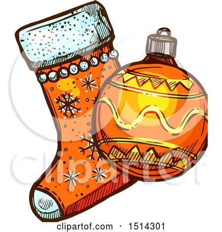 Clipart of a Christmas Stocking and Bauble Ornament - Royalty Free Vector Illustration by Vector Tradition SM