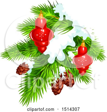 Clipart of a Christmas Tree Branch with Pinecones, Snow and Baubles - Royalty Free Vector Illustration by Vector Tradition SM