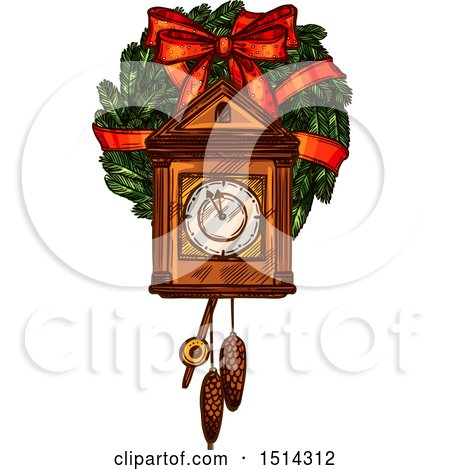 Clipart of a Christmas Cukoo Clock over a Wreath - Royalty Free Vector Illustration by Vector Tradition SM