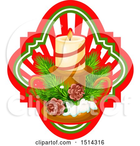 Clipart of a Christmas Candle with Branches and Pinecones over a Ray Frame - Royalty Free Vector Illustration by Vector Tradition SM