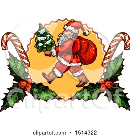Clipart of a Santa Claus Carrying a Tree in a Holly and Candy Cane Frame - Royalty Free Vector Illustration by Vector Tradition SM