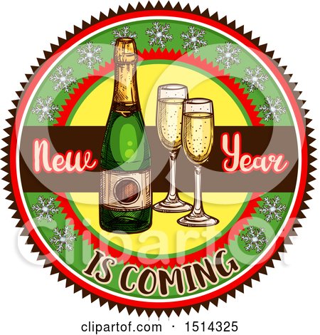 Clipart of a Champagne Bottle and Glasses with New Year Is Coming Text - Royalty Free Vector Illustration by Vector Tradition SM