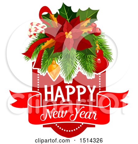 Clipart of a Happy New Year Greeting with Poinsettia with Candy Canes, Holly, Branches and Baubles - Royalty Free Vector Illustration by Vector Tradition SM