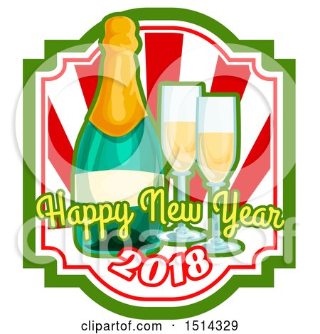 Clipart of a Happy New Year 2018 Greeting with a Bottle of Champagne and Glasses - Royalty Free Vector Illustration by Vector Tradition SM