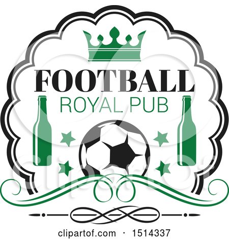 Clipart of a Soccer Ball, Beer Bottles and Crown Sports Pub Bar Design - Royalty Free Vector Illustration by Vector Tradition SM