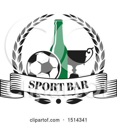 Clipart of a Soccer Ball, Beer Bottle and Trophy Sports Pub Bar Design - Royalty Free Vector Illustration by Vector Tradition SM