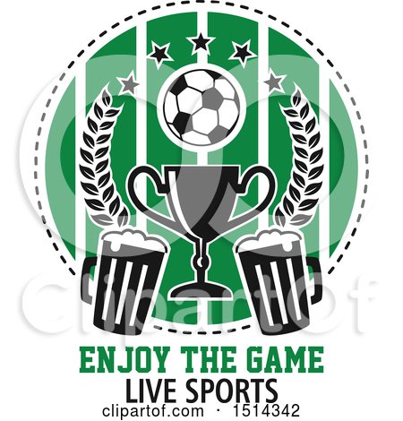 Clipart of a Soccer Ball, Beer Mugs, and Trophy Wreath Sports Pub Bar Design - Royalty Free Vector Illustration by Vector Tradition SM