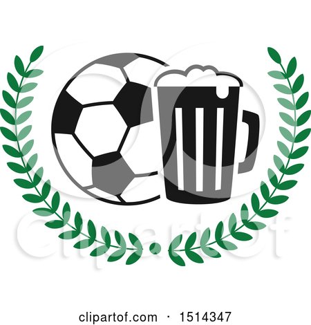 Clipart of a Soccer Ball, Beer Mug and Wreath Sports Pub Bar Design - Royalty Free Vector Illustration by Vector Tradition SM