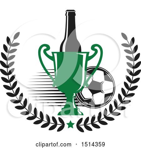 Clipart of a Soccer Ball, Beer Bottle, Wreath and Trophy Sports Pub Bar Design - Royalty Free Vector Illustration by Vector Tradition SM