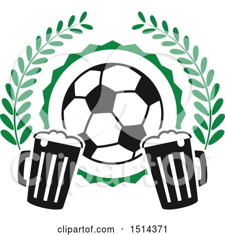 Clipart of a Soccer Ball, Beer Mugs and Wreath Sports Pub Bar Design - Royalty Free Vector Illustration by Vector Tradition SM