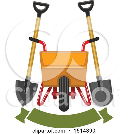 Clipart of a Yellow Wheelbarrow, Spade and Shovel over a Banner - Royalty Free Vector Illustration by Vector Tradition SM