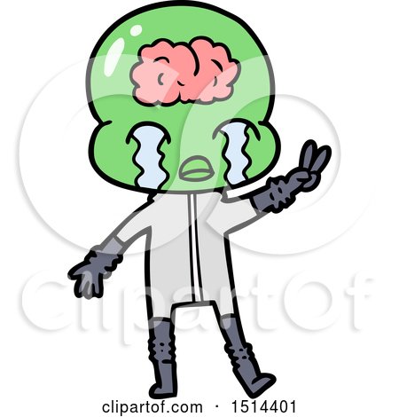 Cartoon Big Brain Alien Crying and Giving Peace Sign by lineartestpilot